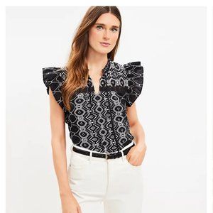 The Loft - NWT Embroidered Ruffle Tie Neck Top - Black & White Gorgeous